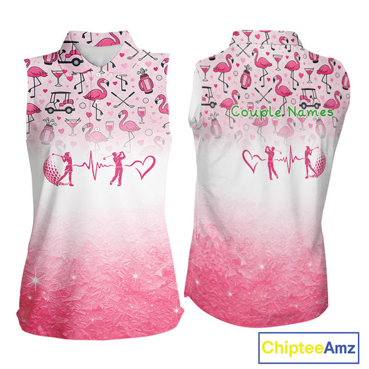 Pink Flamingo Heart Theme Matching Sleeveless Golf Polo Shirt For Couple Custom Couple Valentines Outfit NHN0145
