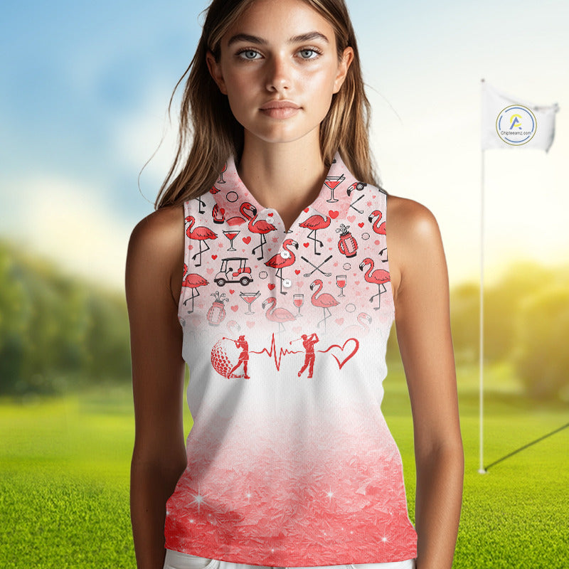 Red Flamingo Heart Theme Matching Sleeveless Golf Shirts For Couple Custom Couple Valentines Outfit NHN0145