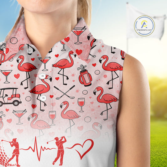 Red Flamingo Heart Theme Matching Sleeveless Golf Shirts For Couple Custom Couple Valentines Outfit NHN0145