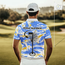 Load image into Gallery viewer, Camo Mens Disc Golf Polo Shirt Custom Name Blue Yellow Disc Golf Basket Apparel Team Disc Golf Outfit NHN0027