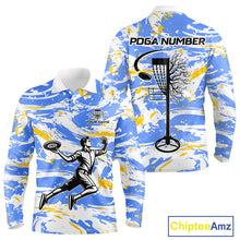 Load image into Gallery viewer, Camo Mens Long Sleeve Disc Golf Polo Shirt Custom Name Blue Yellow Disc Golf Basket Apparel Team Disc Golf NHN0027