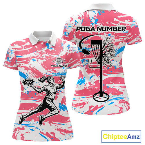 Camo Womens Disc Golf Polo Shirt Custom Name Pink Disc Golf Basket Apparel Team Disc Golf Outfit NHN0027
