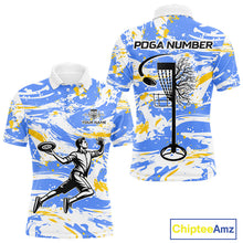 Load image into Gallery viewer, Camo Mens Disc Golf Polo Shirt Custom Name Blue Yellow Disc Golf Basket Apparel Team Disc Golf Outfit NHN0027
