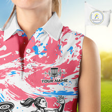 Load image into Gallery viewer, Camo Womens Disc Golf Sleeveless Polo Shirt Custom Name Pink Disc Golf Basket Apparel Team Disc Golf Outfit NHN0027