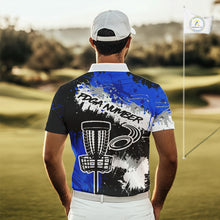Load image into Gallery viewer, Mens Disc Golf Polo Shirt Custom Name Number Blue Disc Golf Basket Personalized Disc Golf Shirts NHN0028