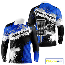 Load image into Gallery viewer, Mens Long Sleeve Disc Golf Polo Shirt Custom Name Number Blue Disc Golf Basket Golf Shirts NHN0028