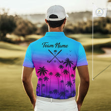 Load image into Gallery viewer, Pink Blue Neon Palm Pattern Mens Golf Polo Shirt Custom Golf Ball Blue Golf Tops, Golfer Gifts NHN0157