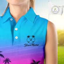 Load image into Gallery viewer, Pink Blue Neon Womens Sleeveless Golf Polo Shirt Custom Funny Blue Palm Golf Tops, Golfer Gifts NHN0157
