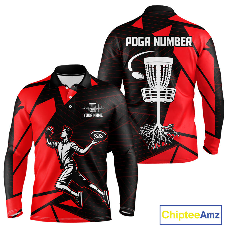 Mens Disc Golf Polo Shirt Custom Name Black And Red Disc Golf Basket Golf Shirts Personalized  NHN0030