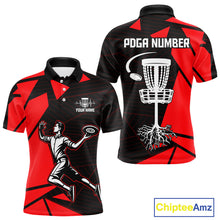 Load image into Gallery viewer, Mens Disc Golf Polo Shirt Custom Name Black And Red Disc Golf Basket Golf Shirts Personalized  NHN0030