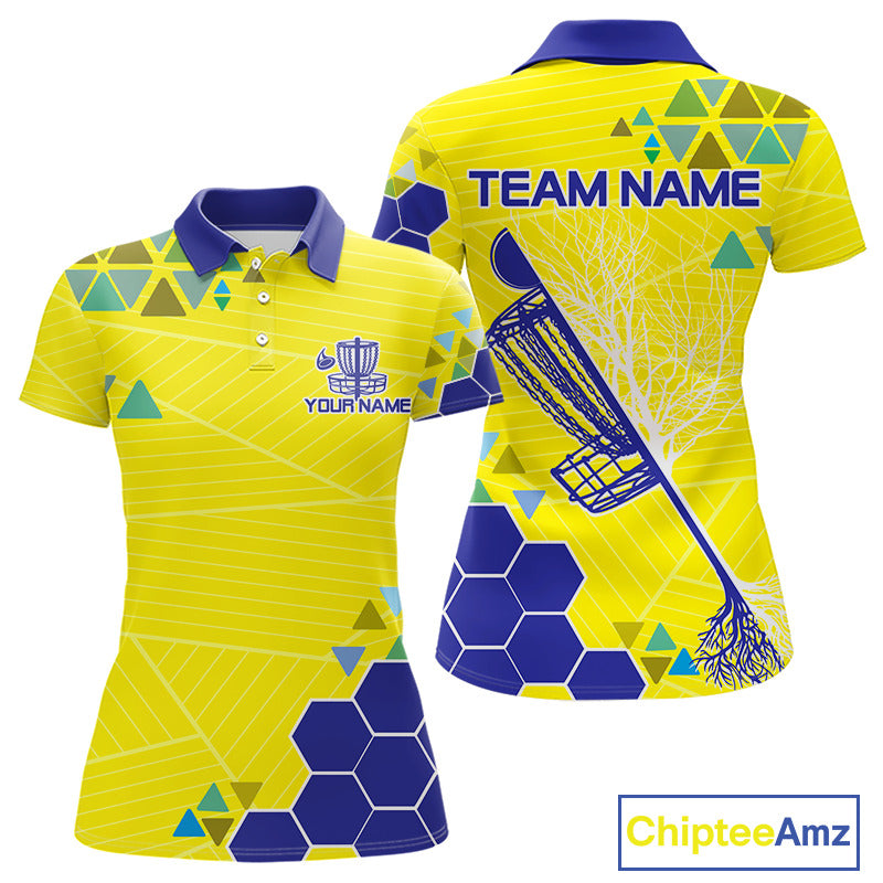 Blue And Yellow Hexagon Pattern Womens Disc Golf Polo Shirts Custom Team Disc Golf Jersey NHN0031