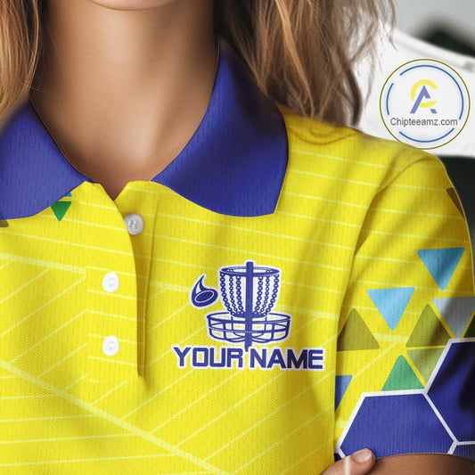 Blue And Yellow Hexagon Pattern Womens Disc Golf Polo Shirts Custom Team Disc Golf Jersey NHN0031