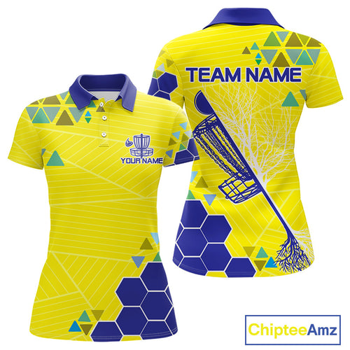 Blue And Yellow Hexagon Pattern Womens Disc Golf Polo Shirts Custom Team Disc Golf Jersey NHN0031
