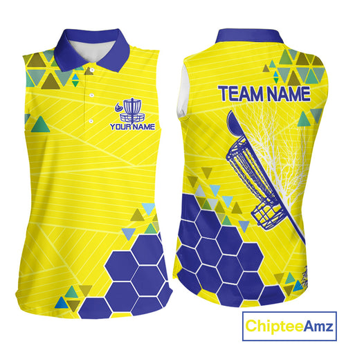 Blue And Yellow Hexagon Pattern Womens Disc Golf Polo Shirts Custom Team Disc Golf Jerseys NHN0031