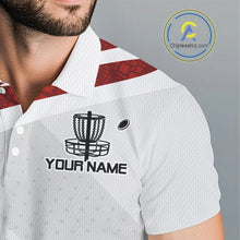 Load image into Gallery viewer, Mens Disc Golf Polo Shirt Custom Name White And Red Disc Golf Basket Personalized Disc Golf Shirts NHN0032