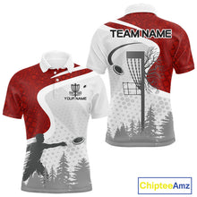 Load image into Gallery viewer, Mens Disc Golf Polo Shirt Custom Name White And Red Disc Golf Basket Personalized Disc Golf Shirts NHN0032