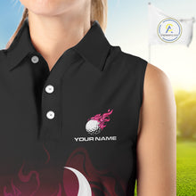 Load image into Gallery viewer, Pink Womens Sleeveless Golf Shirts Custom Name With Pink Flame Golf Ball Shirt For Women Personalized NHN0039