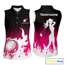 Load image into Gallery viewer, Pink Womens Sleeveless Golf Shirts Custom Name With Pink Flame Golf Ball Shirt For Women Personalized NHN0039