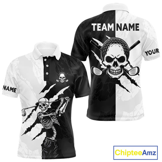 Funny Skull Golf Polo Shirts Black And White Golf Clubs Camo Pattern Custom Skull Playing Golf Apparel NHN0047