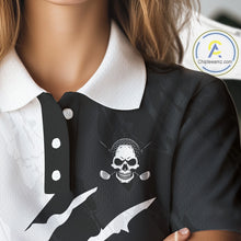 Load image into Gallery viewer, Funny Skull Golf Polo Shirts For Women Black And White Golf Camo Pattern Custom Skull Playing Golf Apparel NHN0047