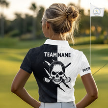 Load image into Gallery viewer, Funny Skull Golf Polo Shirts For Women Black And White Golf Camo Pattern Custom Skull Playing Golf Apparel NHN0047