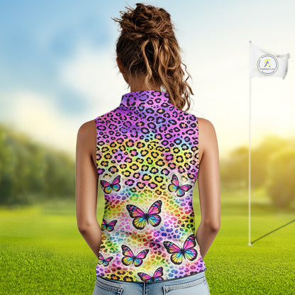 Womens Sleeveless Golf Polo Shirt Colorful Rainbow Leopard Print Custom Butterfly Team Golf Tops NHN0180