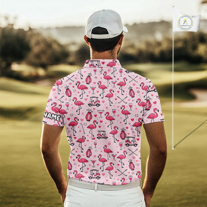 Funny Pink Flamingo Pattern Mens Golf Polo Shirt Custom Name Hawaiian Flamingo Golf Shirts NHN0191