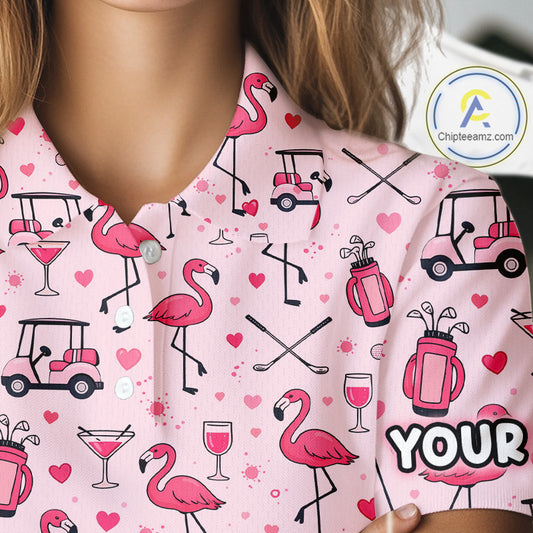 Funny Pink Flamingo Pattern Womens Golf Polo Shirt Custom Name Hawaiian Flamingo Golf Shirts NHN0191