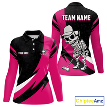 Load image into Gallery viewer, Funny Skull Womens Golf Polo Shirt Long Sleeve Custom Black And Pink Golf Ball Pattern, Golf Gift NHN0060