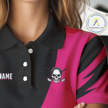Load image into Gallery viewer, Funny Skull Golf Polo Shirt For Women Custom Black &amp; Pink Golf Ball Pattern Skull Playing Golf Apparel NHN0060