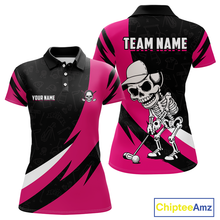 Load image into Gallery viewer, Funny Skull Golf Polo Shirt For Women Custom Black &amp; Pink Golf Ball Pattern Skull Playing Golf Apparel NHN0060