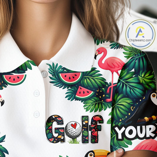 Funny Womens Golf Polo Shirt Custom Floral Tropical Pattern Flamingo Golf Shirts For Ladies NHN0193