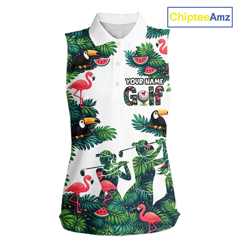 Funny Womens Sleeveless Golf Polo Shirt Custom Tropical Pattern, Flamingo Golf Shirt For Ladies NHN0193