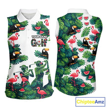 Load image into Gallery viewer, Funny Womens Sleeveless Golf Polo Shirt Custom Tropical Pattern, Flamingo Golf Shirt For Ladies NHN0193