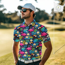 Load image into Gallery viewer, Mens Golf Polo Shirt Flamingo Floral Pattern, Colorful Tropical Leaves Custom Team Golf Shirt NHN0194