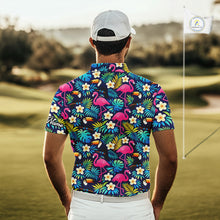 Load image into Gallery viewer, Mens Golf Polo Shirt Flamingo Floral Pattern, Colorful Tropical Leaves Custom Team Golf Shirt NHN0194