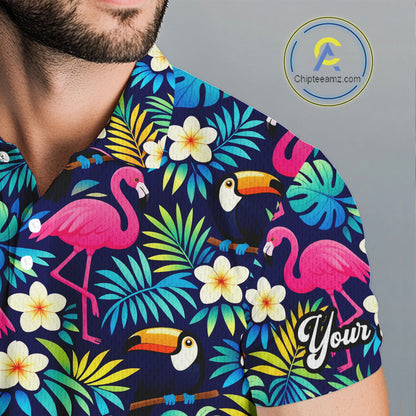 Mens Golf Polo Shirt Flamingo Floral Pattern, Colorful Tropical Leaves Custom Team Golf Shirt NHN0194