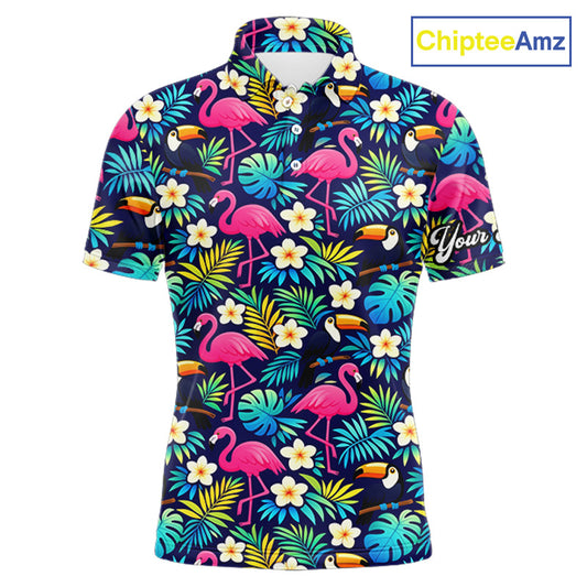Mens Golf Polo Shirt Flamingo Floral Pattern, Colorful Tropical Leaves Custom Team Golf Shirt NHN0194