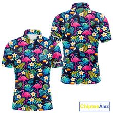 Load image into Gallery viewer, Mens Golf Polo Shirt Flamingo Floral Pattern, Colorful Tropical Leaves Custom Team Golf Shirt NHN0194