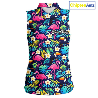 Womens Sleeveless Golf Polo Shirt Flamingo Floral Pattern, Custom Colorful Tropical Team Golf Shirt NHN0194