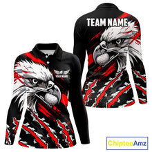 Load image into Gallery viewer, Womens Long Sleeve Golf Polo Shirt Custom Red and Black Grunge Pattern Eagle Golf Shirts For Women NHN0062