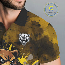 Load image into Gallery viewer, Mens Golf Polo Shirts Custom Yellow And Black Grunge Pattern With Bear Grasping Golf Ball Apparel NHN0063