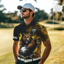 Load image into Gallery viewer, Mens Golf Polo Shirts Custom Yellow And Black Grunge Pattern With Bear Grasping Golf Ball Apparel NHN0063