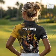 Load image into Gallery viewer, Womens Golf Polo Shirts Custom Yellow And Black Grunge Pattern With Bear Grasping Golf Ball NHN0063