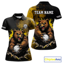 Load image into Gallery viewer, Womens Golf Polo Shirts Custom Yellow And Black Grunge Pattern With Bear Grasping Golf Ball NHN0063