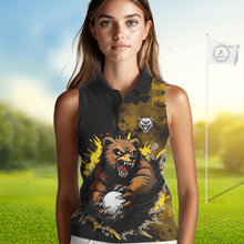 Load image into Gallery viewer, Womens Sleeveless Golf Polo Shirt  Custom Yellow And Black Grunge Pattern With Bear Grasping Golf Ball NHN0063
