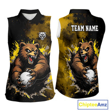 Load image into Gallery viewer, Womens Sleeveless Golf Polo Shirt  Custom Yellow And Black Grunge Pattern With Bear Grasping Golf Ball NHN0063
