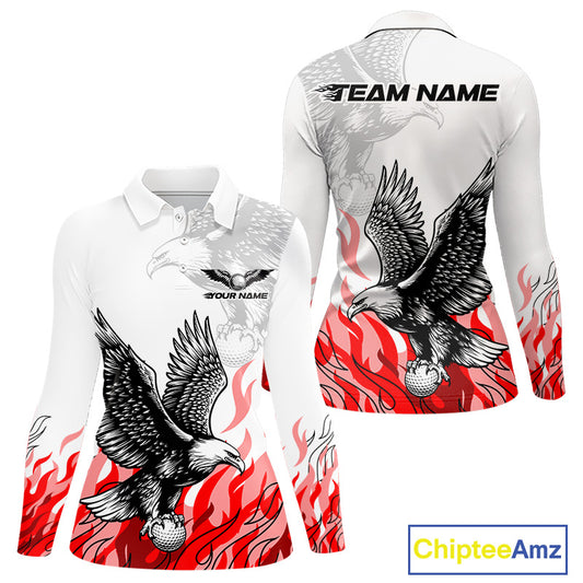 Womens Long Sleeve Golf Polo Shirt Custom Eagle Red Flame Team Golf Tops, White Golf Outfit For Ladies NHN0070