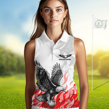 Load image into Gallery viewer, Womens Sleeveless Golf Polo Shirt Custom Eagle Red Flame Team Golf Tops, White Golf Outfit NHN0070