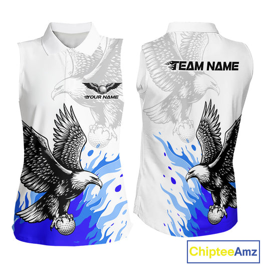 Womens Sleeveless Golf Polo Shirtt Custom Eagle Blue Flame Golf Tops, White Golf Outfit NHN0070